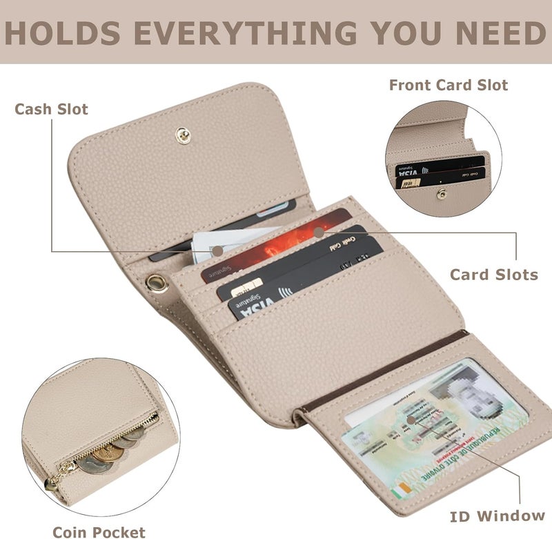 Sunpour Women Small Wallet RFID Blocking Slim Wallet with Coin Pocket Tri-Fold Credit Card Holder with ID Window and Keychain (Khaki) - Image 4